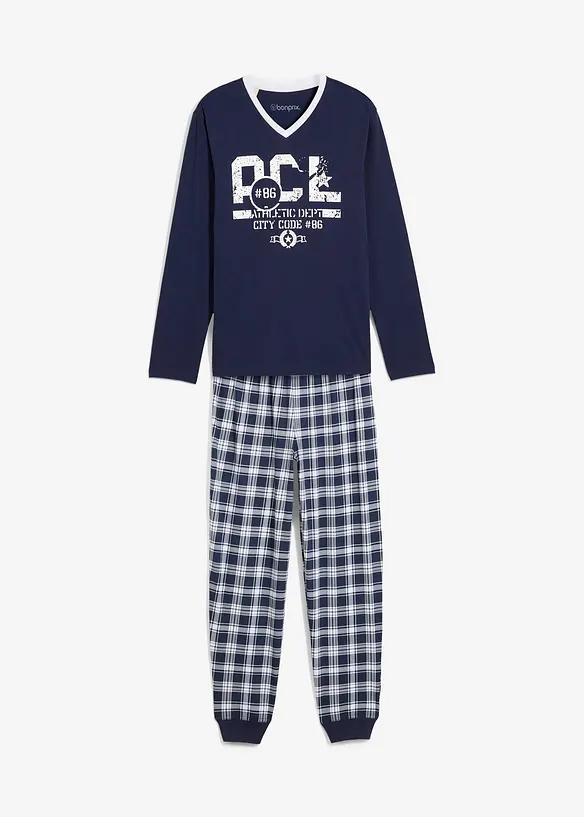 Pyjama mit Baumwolle und langen Ärmeln in blau von vorne - bonprix