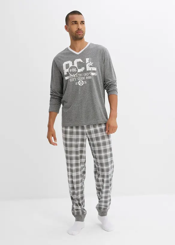 Pyjama mit Baumwolle und langen Ärmeln in grau von vorne (Totalaufnahme) - bonprix