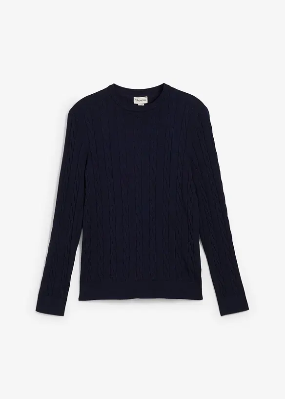 Feinstrickpullover mit Zopfmuster, Slim Fit in blau von vorne - bonprix