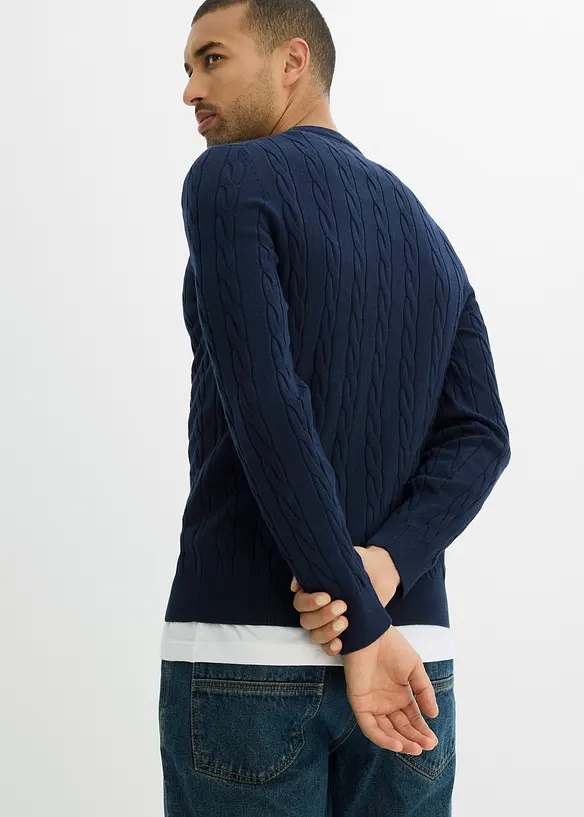 Feinstrickpullover mit Zopfmuster, Slim Fit in blau von hinten (im Anschnitt) - bonprix