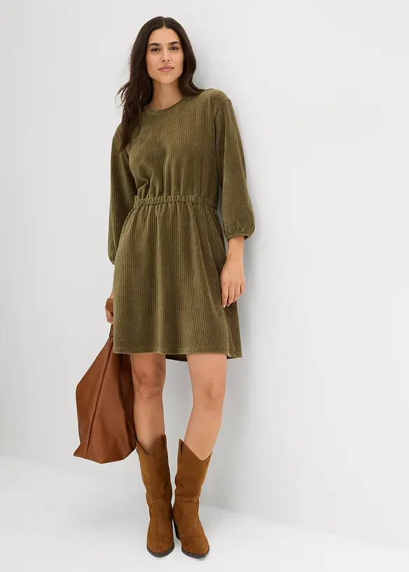 Kleid aus Jersey-Cord in grün von vorne (Totalaufnahme) - bonprix Kleid aus Jersey-Cord in grün von vorne (Totalaufnahme) - bonprix