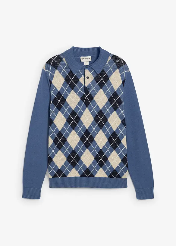 Polo-Pullover aus reiner Baumwolle in blau von vorne - bonprix