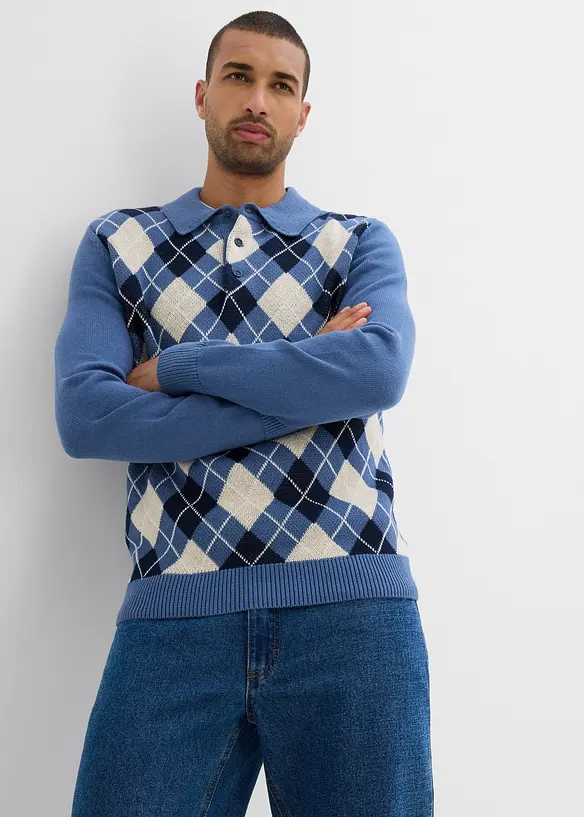 Polo-Pullover aus reiner Baumwolle in blau von vorne (im Anschnitt) - bonprix