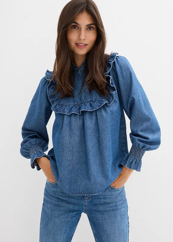 Jeansbluse mit Rüschen in blau von vorne (im Anschnitt) - bonprix Jeansbluse mit Rüschen in blau von vorne (im Anschnitt) - bonprix