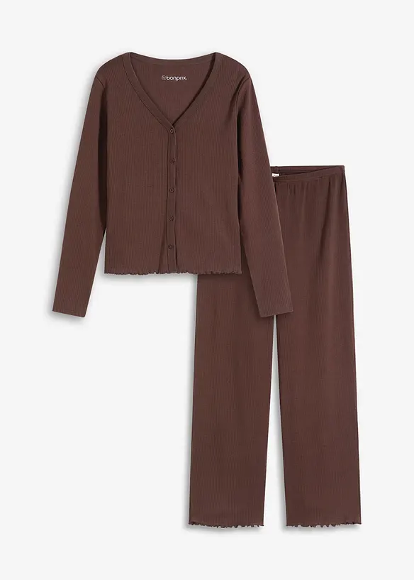 Pyjama aus Rippe mit Knopfleiste in braun von vorne - bonprix