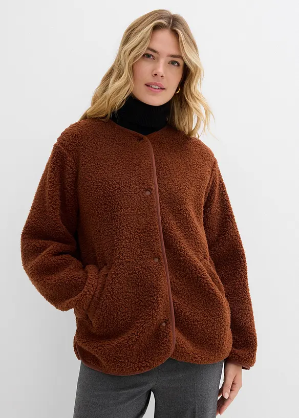 Teddy-Fleecejacke in braun von vorne (im Anschnitt) - bonprix
