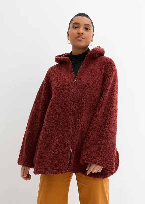 Teddy-Fleece Jacke in A-Linie mit Seitenschlitzen in braun von vorne (im Anschnitt) - bonprix