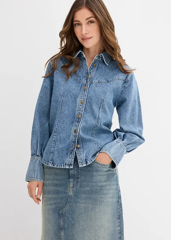 Jeansbluse aus reiner Baumwolle in blau von vorne (im Anschnitt) - bonprix