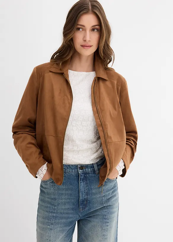 Velourslederimitat-Jacke in braun von vorne (im Anschnitt) - bonprix
