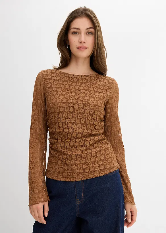 Langarmshirt aus Spitze in braun von vorne (im Anschnitt) - bonprix Langarmshirt aus Spitze in braun von vorne (im Anschnitt) - bonprix