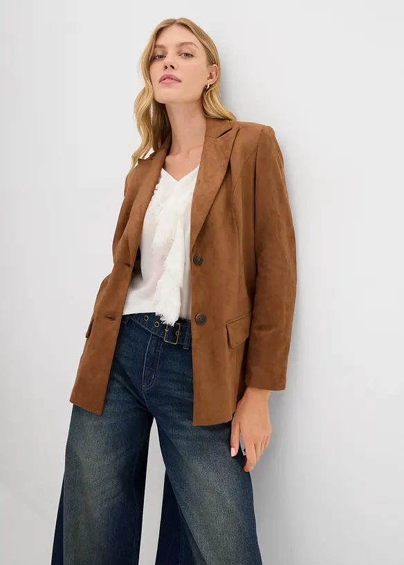 Blazer in Velourslederimitat in braun von vorne (im Anschnitt) - bonprix