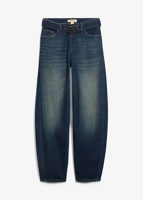 Barrel-Jeans Mid Waist mit Gürtel in blau von vorne - bonprix
