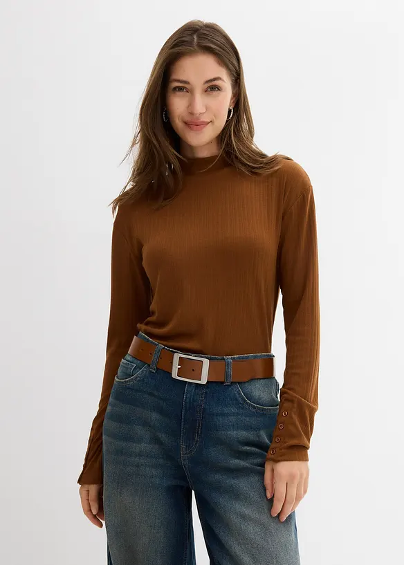 Geripptes Langarmshirt in braun von vorne (im Anschnitt) - bonprix Geripptes Langarmshirt in braun von vorne (im Anschnitt) - bonprix