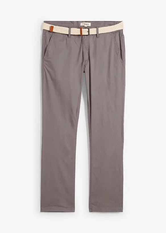 Regular Fit Chinohose mit Dehnbund und Gürtel, Straight in grau von vorne - bonprix