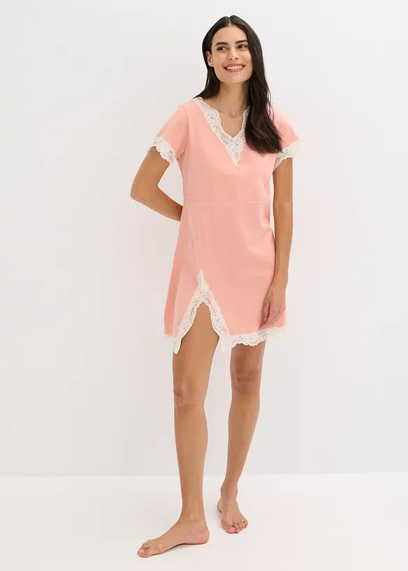 Kurzes Nachthemd mit zarter Spitze in rosa im Look von vorne (Totalaufnahme) - bonprix