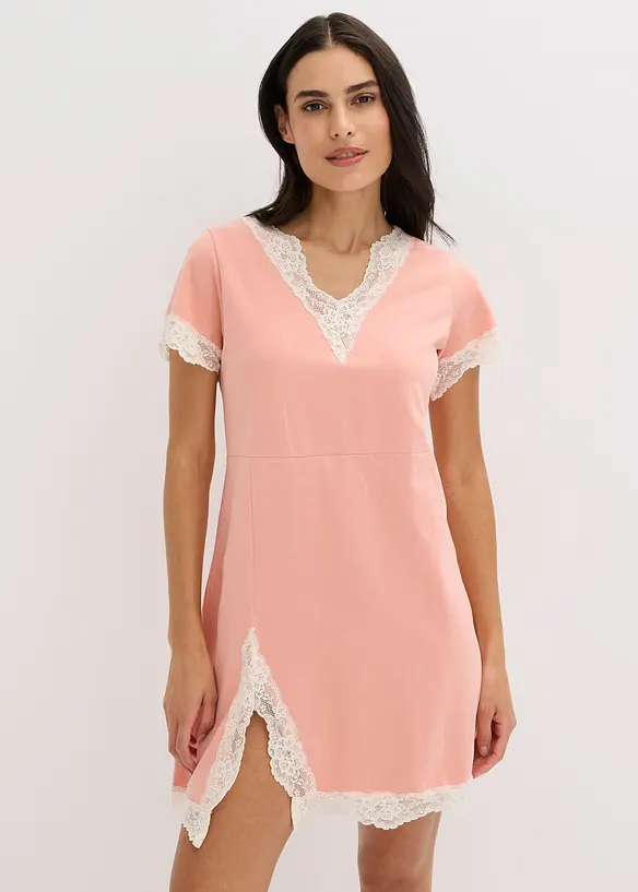 Kurzes Nachthemd mit zarter Spitze in rosa von vorne (Totalaufnahme) - bonprix