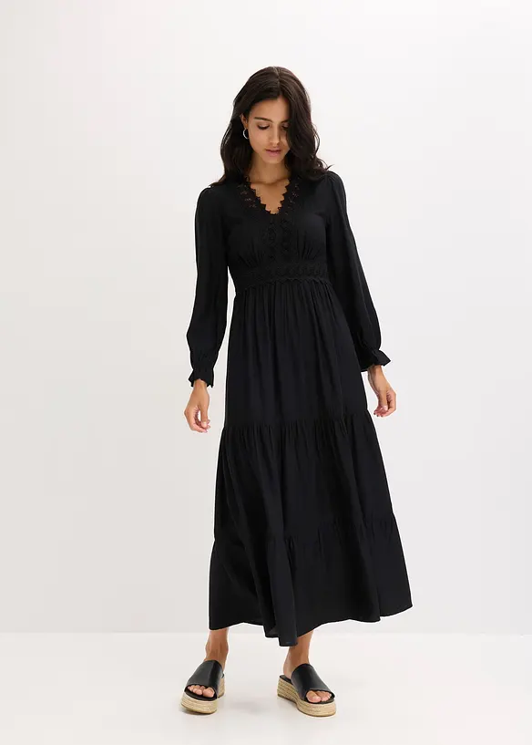 Maxikleid aus reiner Viskose in schwarz von vorne (Totalaufnahme) - bonprix