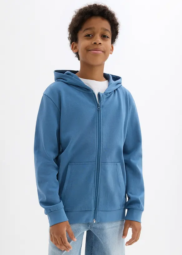 Kapuzen-Sweatjacke aus weichem Baumwoll-Mix in blau von vorne (im Anschnitt) - bonprix