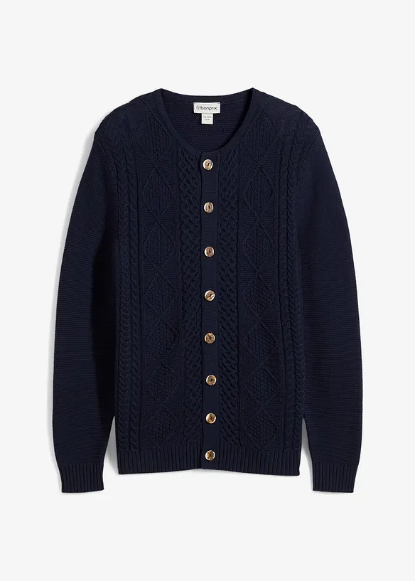 Trachten-Strickjacke aus weichem Baumwollmix in blau von vorne - bonprix