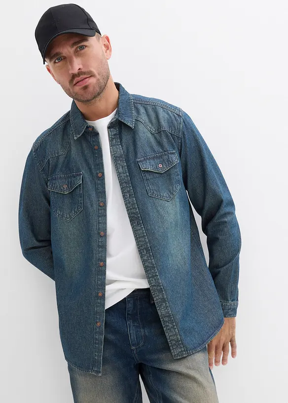 Jeanshemd, Langarm aus reiner Bio-Baumwolle in blau von vorne (im Anschnitt) - bonprix