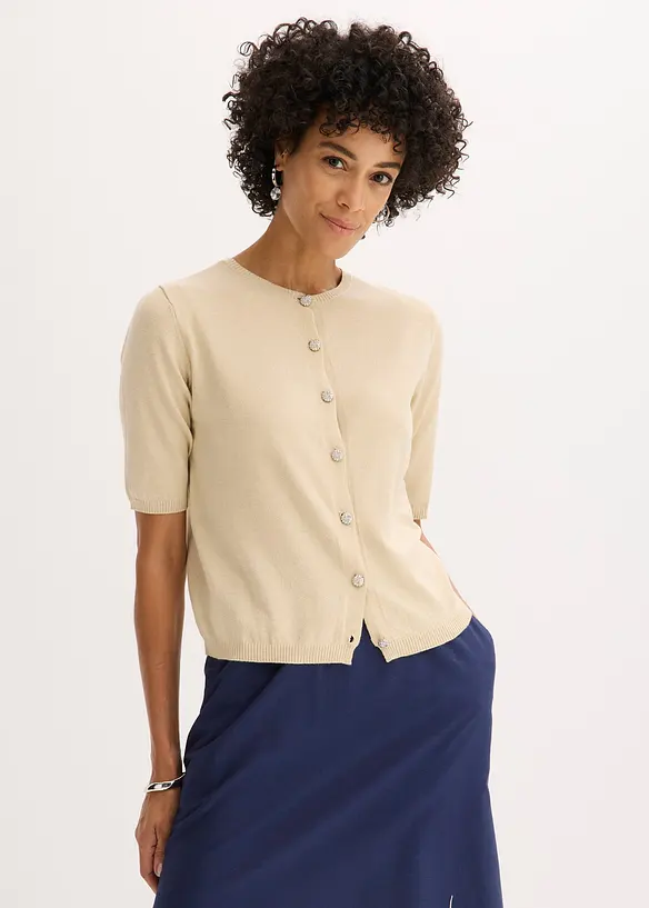 Feinstrickjacke aus feinem Viskose-Mix in beige von vorne (im Anschnitt) - bonprix
