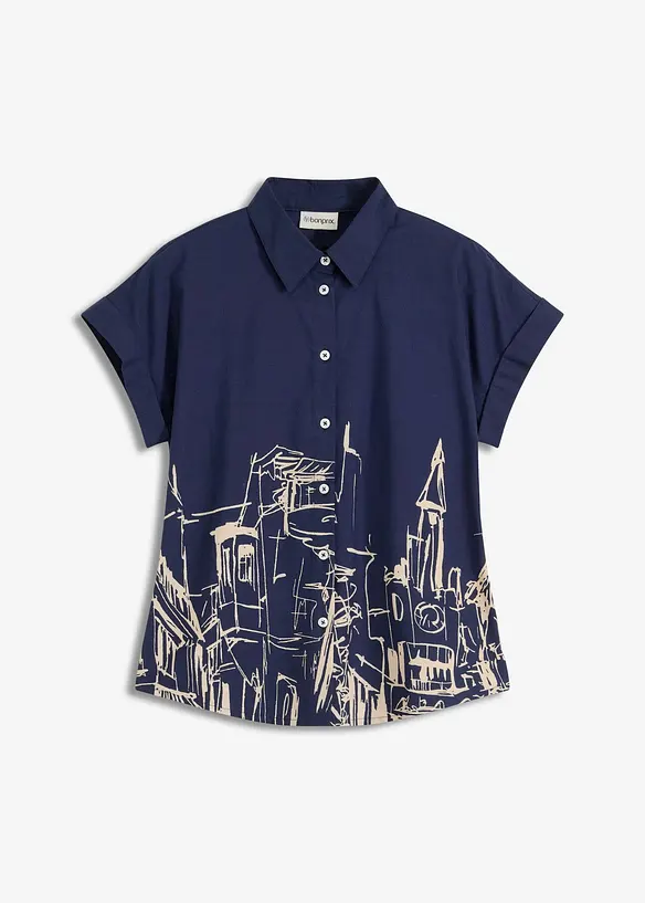 Oversized Popeline Kurzarmbluse aus Baumwolle in blau von vorne - bonprix