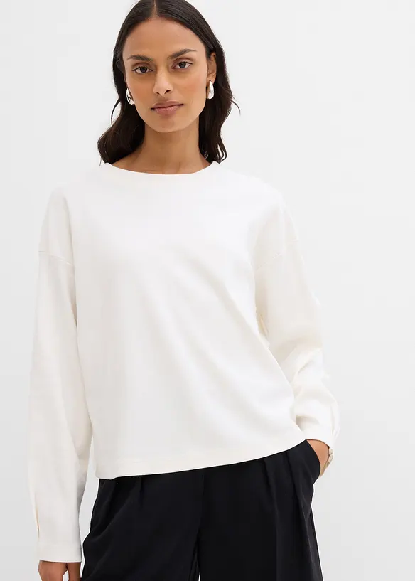 Weites Langarmshirt aus reiner Baumwolle in beige von vorne (im Anschnitt) - bonprix Weites Langarmshirt aus reiner Baumwolle in beige von vorne (im Anschnitt) - bonprix