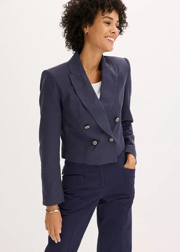Kurzblazer mit markanten Schultern in blau von vorne (im Anschnitt) - bonprix