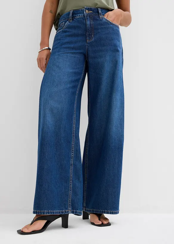 Wide-Leg-Jeans Mid Waist in blau von vorne - bonprix
