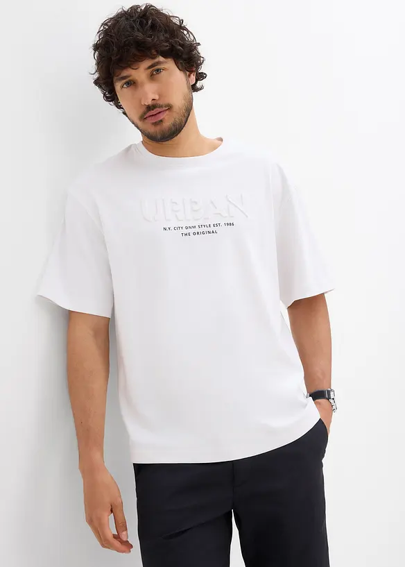 T-Shirt mit 3D-Print aus schwerer Bio-Baumwollqualität, Loose Fit in weiß von vorne (im Anschnitt) - bonprix