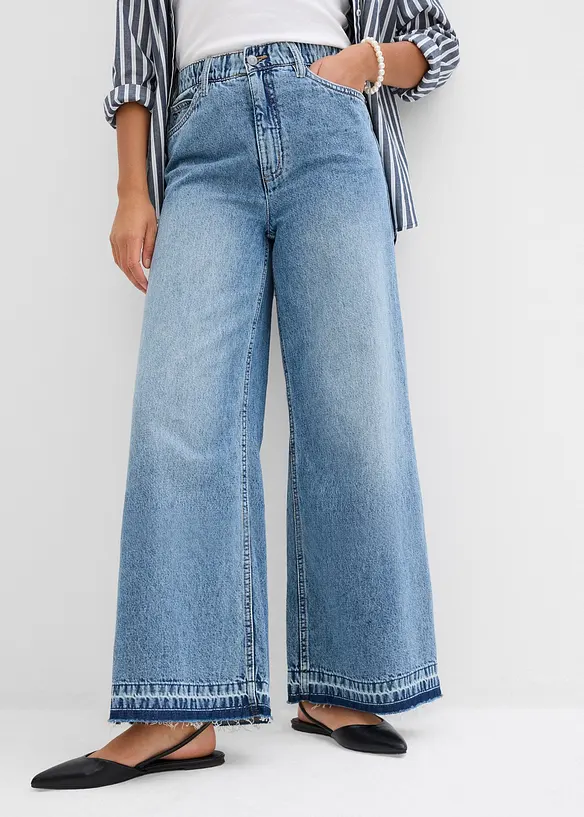 Wide-Leg-Jeans High Waist, cropped in blau von vorne - bonprix