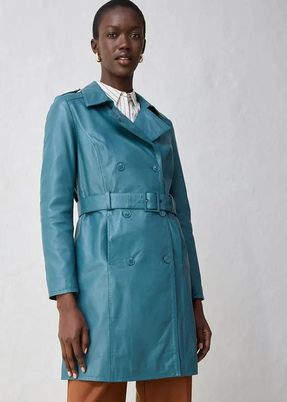 Leder-Trenchcoat aus Lammnappa in petrol von vorne (Totalaufnahme) - bonprix