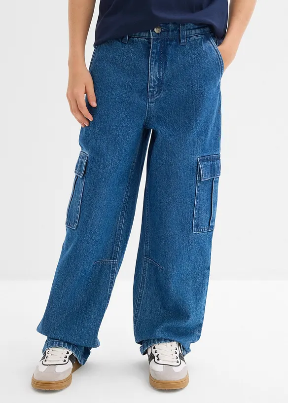 Loose Fit Cargo-Jeans mit verstellbarem Bund, Straight in blau von vorne - bonprix