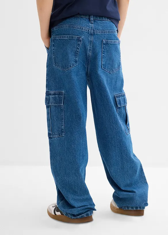 Loose Fit Cargo-Jeans mit verstellbarem Bund, Straight in blau von hinten - bonprix