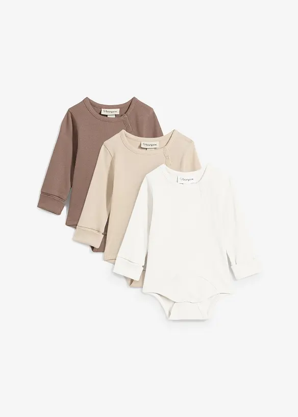 Baby Langarmbodys aus reiner Baumwolle zum Mitwachsen (3er Pack) in braun von vorne - bonprix