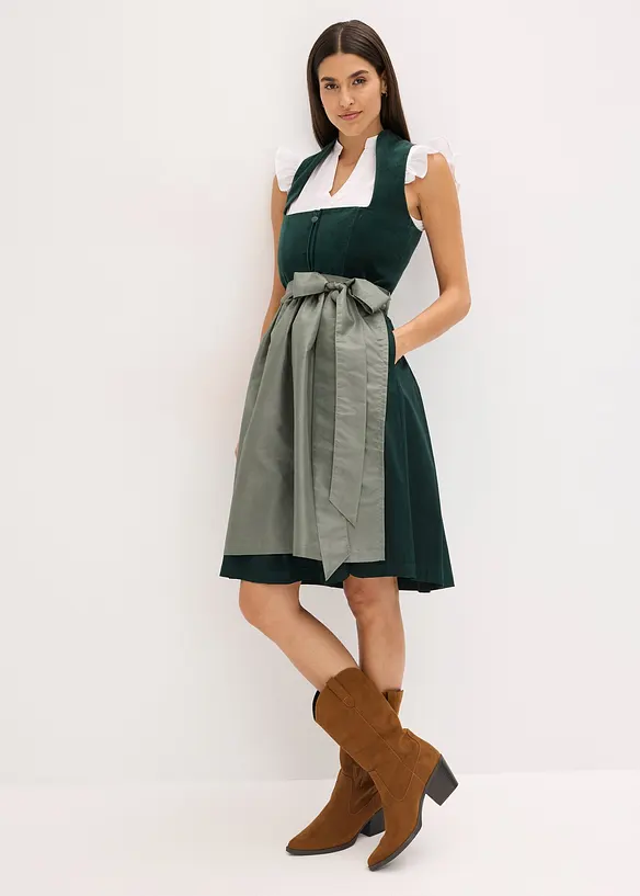 Dirndl mit Samt-Mieder und Satin-Schürze (2-tlg.Set) in grün von vorne (Totalaufnahme) - bonprix