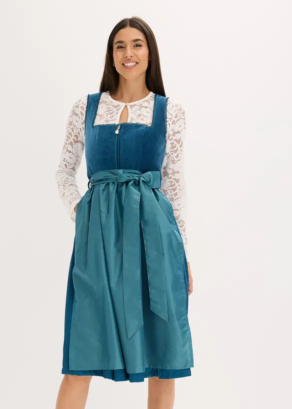 Dirndl mit Samt in Midilänge (2-tlg.Set) in blau von vorne (Totalaufnahme) - bonprix