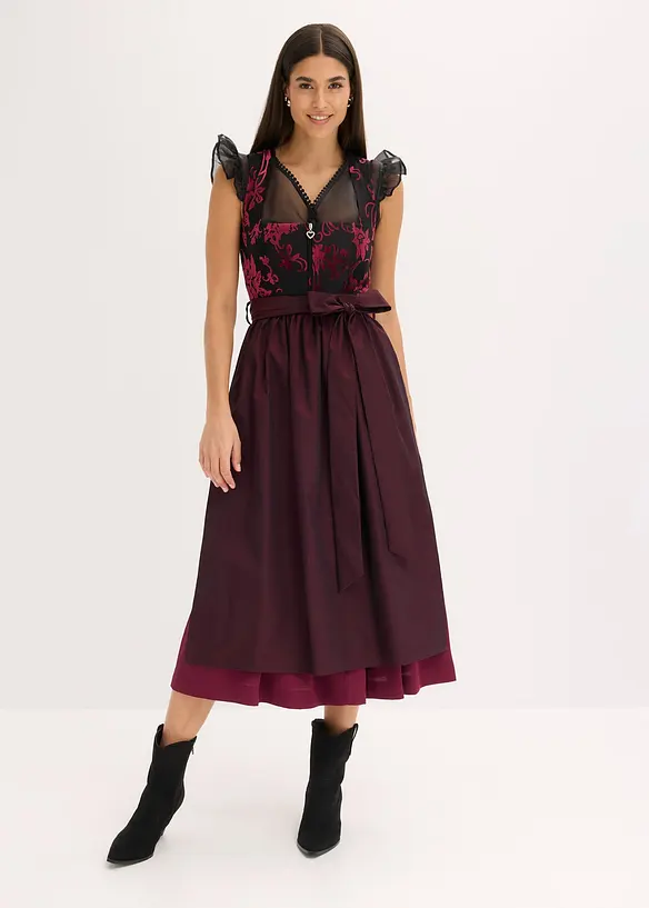 Dirndl mit Samt in Midilänge (2-tlg.Set) in rot von vorne (Totalaufnahme) - bonprix
