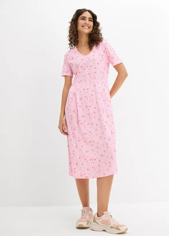 Baumwoll-Jerseykleid, Midilänge in rosa von vorne (Totalaufnahme) - bonprix
