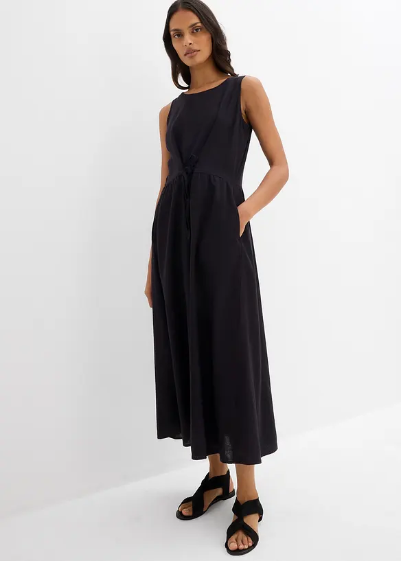 Maxikleid aus leichtem Leinen-Viskose-Mix in schwarz von vorne (Totalaufnahme) - bonprix