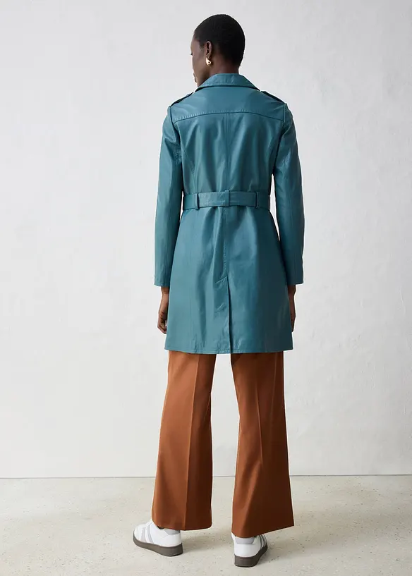 Leder-Trenchcoat aus Lammnappa in petrol von hinten (Totalaufnahme) - bonprix