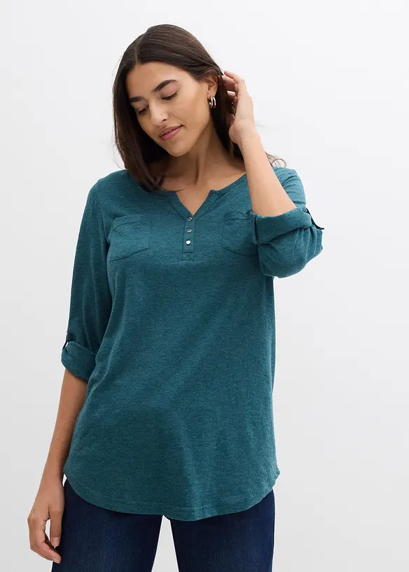 Baumwoll-Henleyshirt mit Knopfleiste in petrol von vorne (im Anschnitt) - bonprix