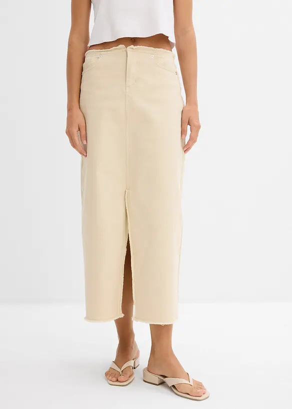 Twill-Rock mit Fransen in beige von vorne - bonprix