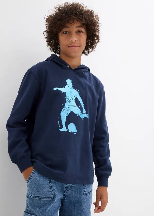 Hoodie aus weichem Baumwoll-Mix in blau von vorne (im Anschnitt) - bonprix