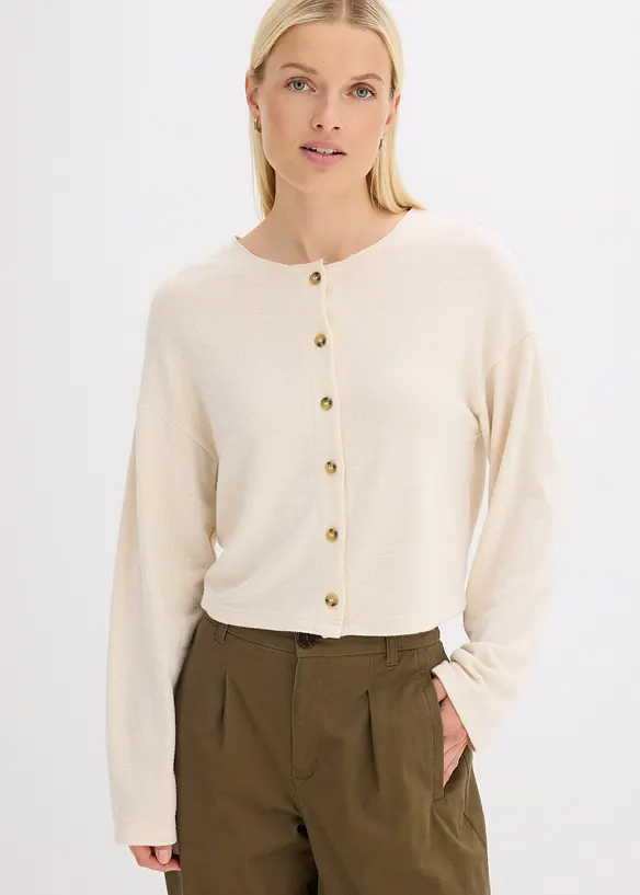 Gerippte Feinstrickjacke in beige von vorne (im Anschnitt) - bonprix