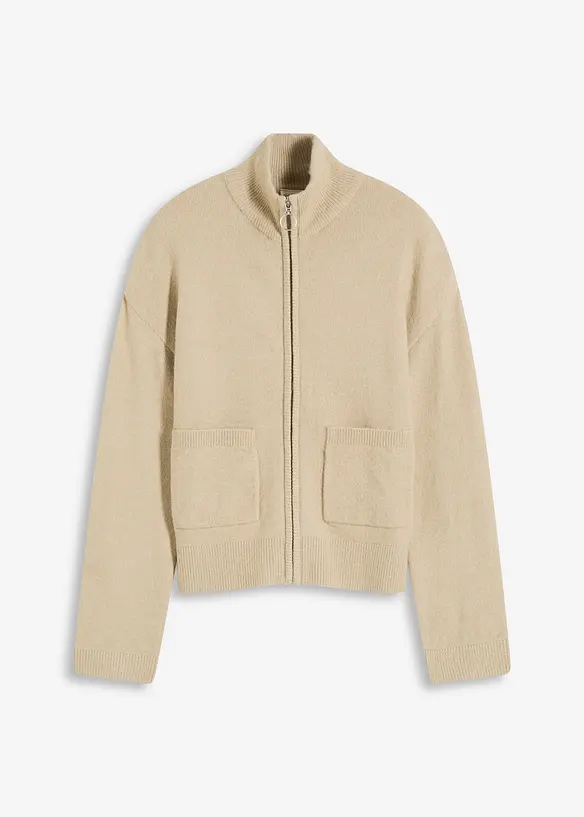 Strickjacke mit Reißverschluss in beige von vorne - bonprix