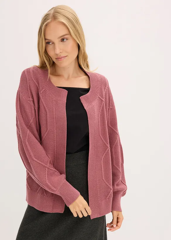 Strickjacke mit Zopfmuster in lila von vorne (im Anschnitt) - bonprix