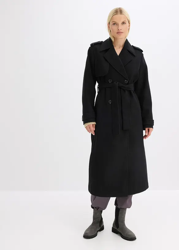 Trenchcoat in Wolloptik in schwarz von vorne (Totalaufnahme) - bonprix