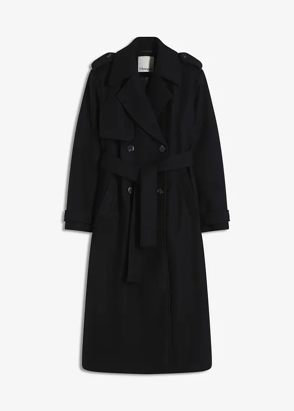 Trenchcoat in Wolloptik in schwarz von vorne - bonprix
