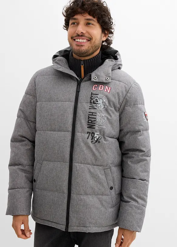 Winter-Steppjacke mit Kapuze in grau von vorne (im Anschnitt) - bonprix